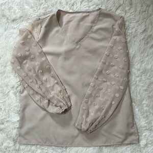 Ecru Swiss dot sheer sleeve v-neck top